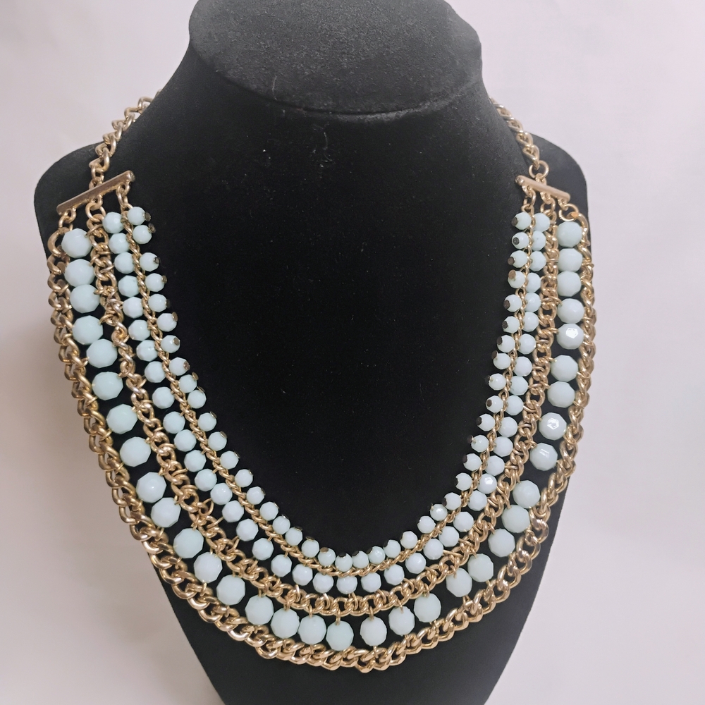 Boho Y2K Gold Chain Statement Necklace w/ Light Blue Faceted Beads